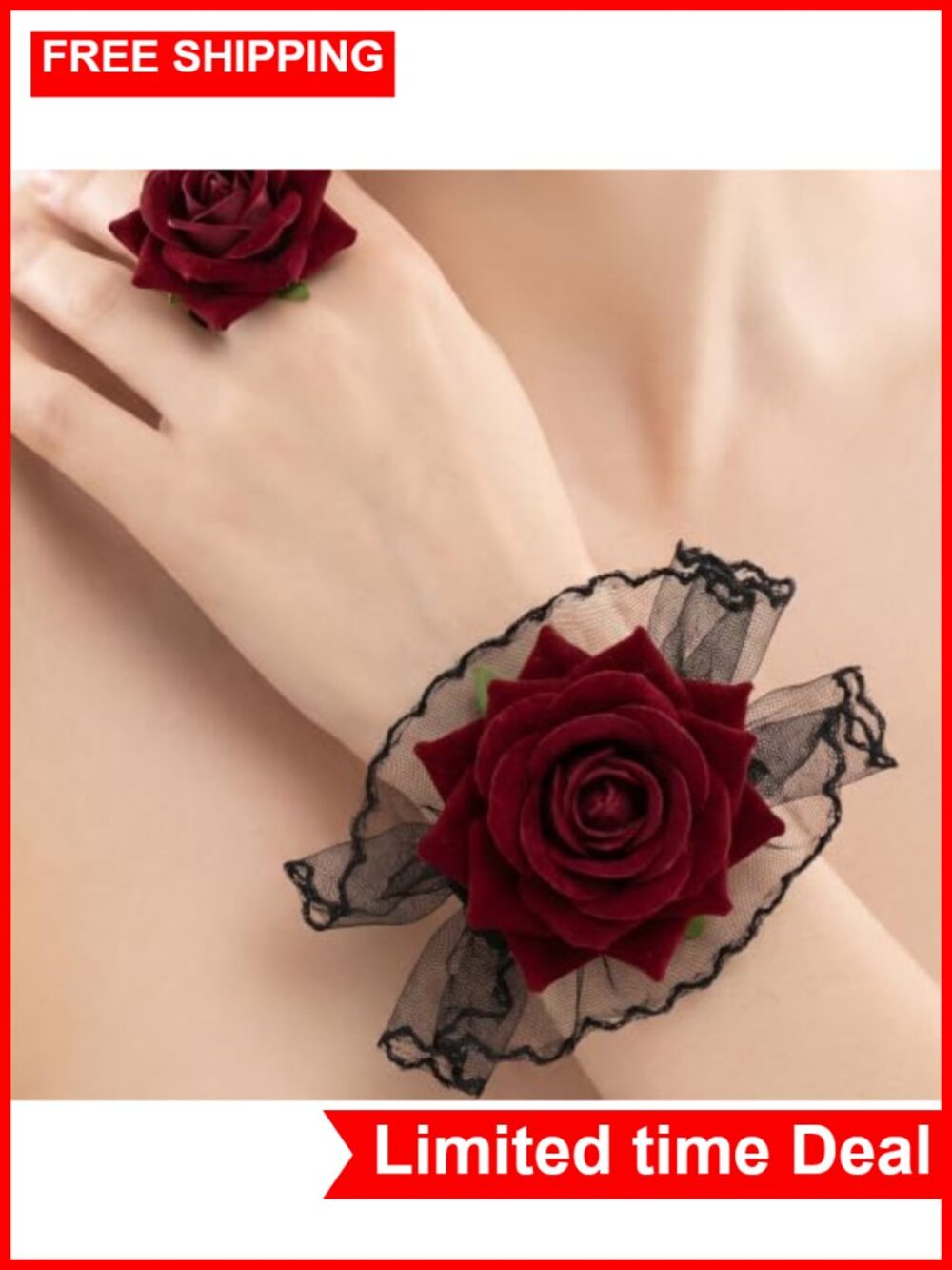 Black Lace Gloves with Red Roses Gothic Wrist Cuff Halloween Accessory - Picture 5 of 6